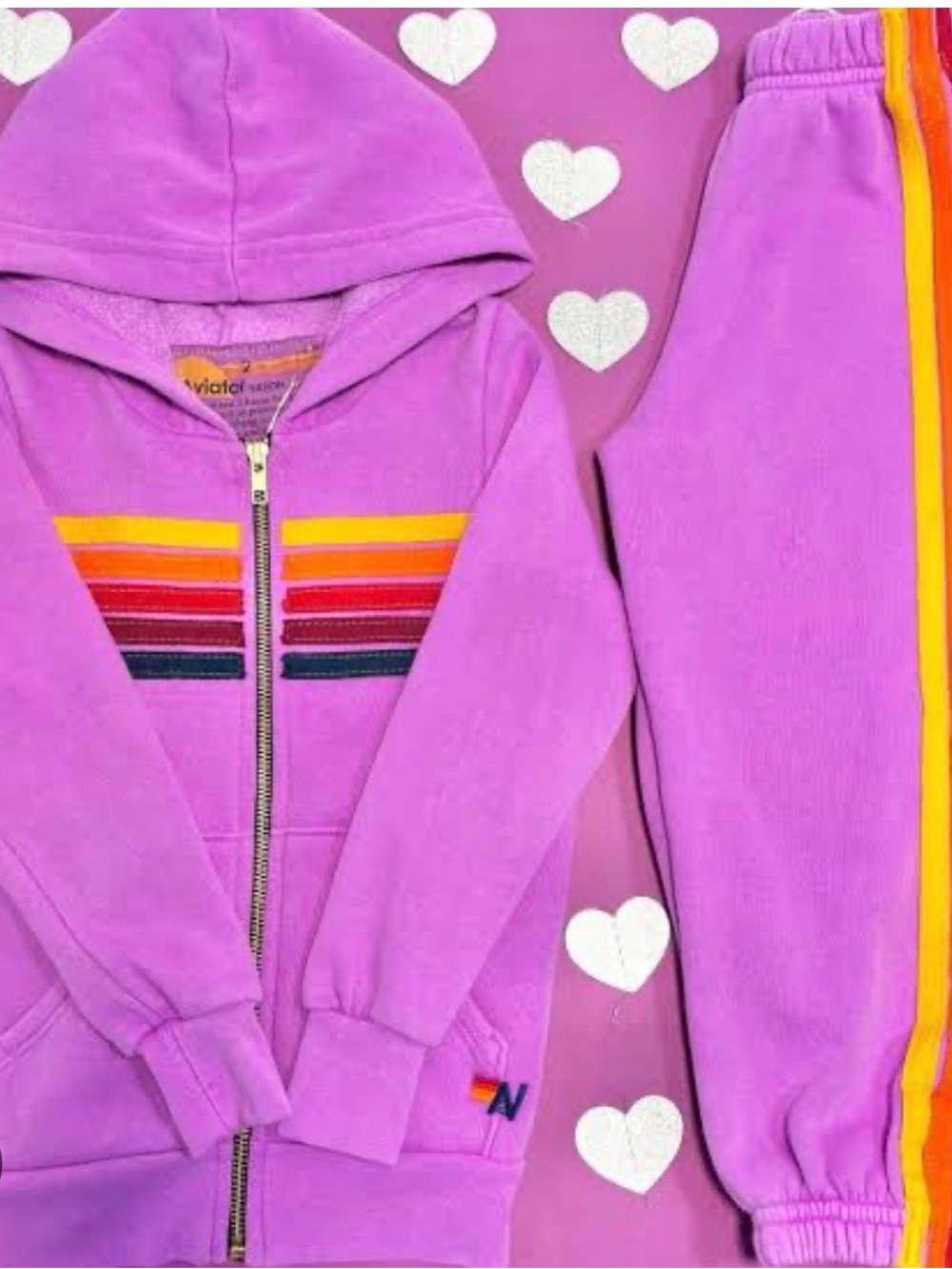 Aviator Nation Girls Purple Rainbow Stripe Hoodie & Jogger Set